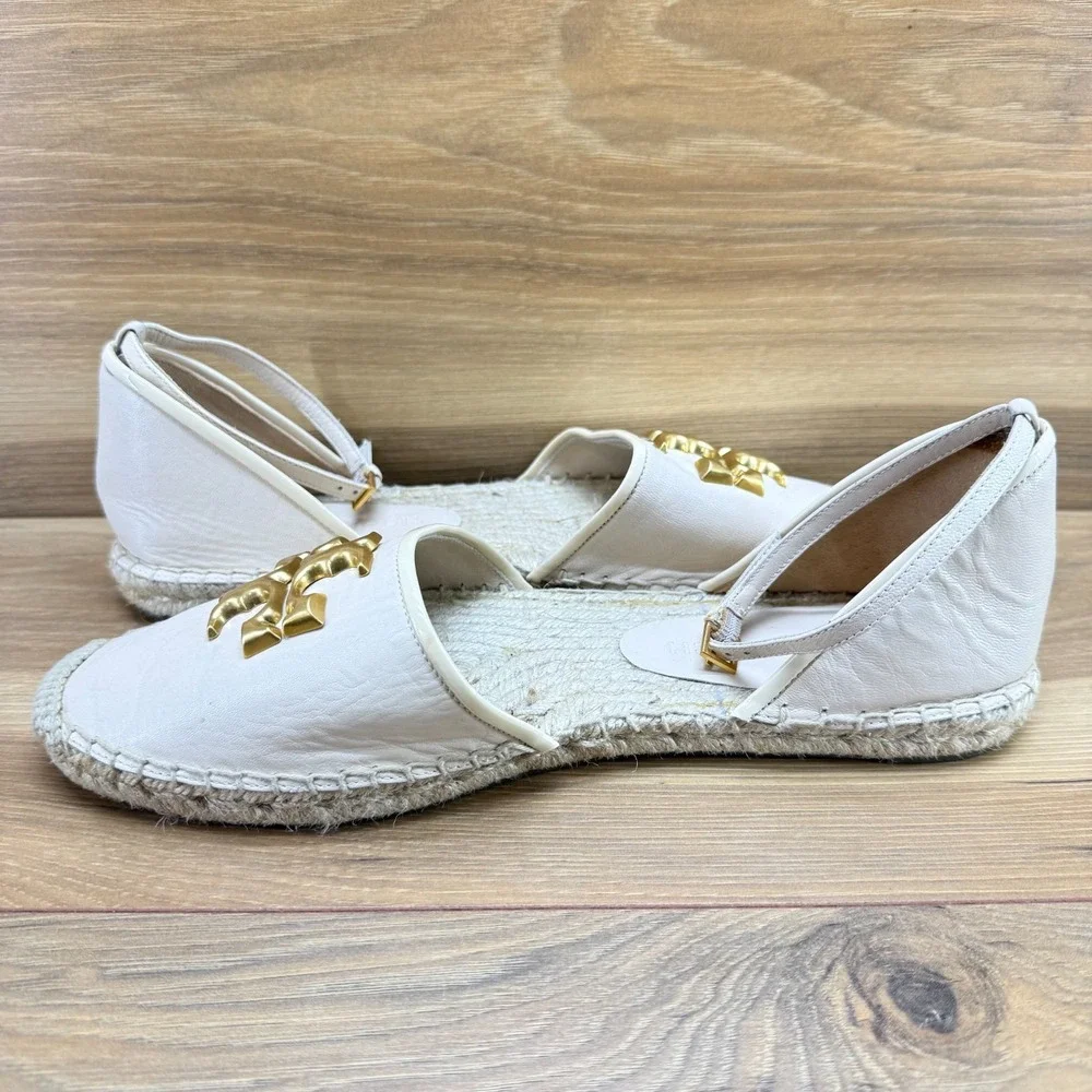 Tory Burch Eleanor Espadrille Flats 10 Cream Gold Logo Ankle Strap Resort Travel